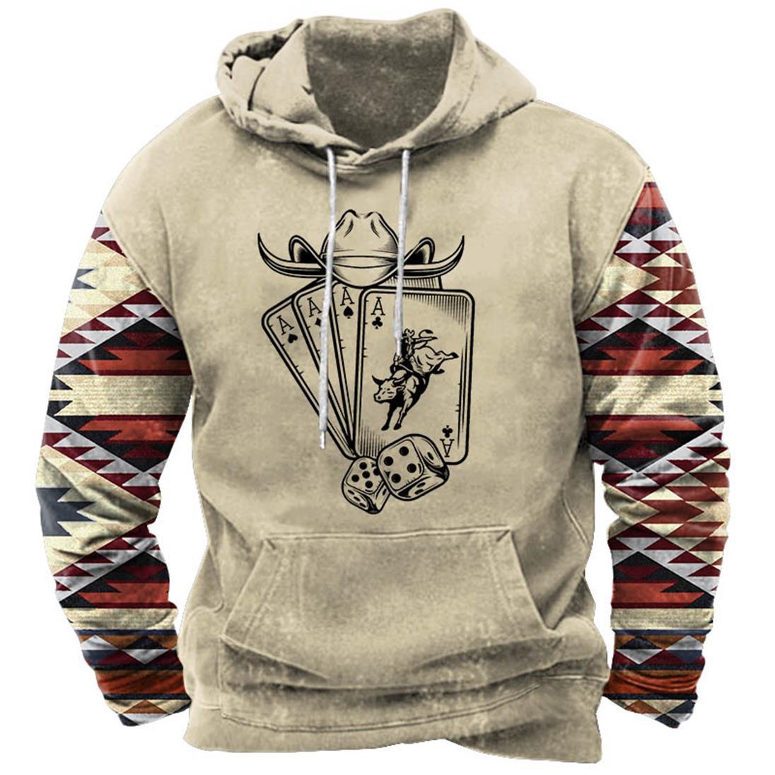 Men's Hoodie Vintage Aztec Western Playing Cards Hat Bull Horns Pocket Long Sleeve Plus Size Daily Tops