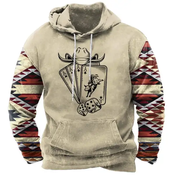 Men's Hoodie Vintage Aztec Western Playing Cards Hat Bull Horns Pocket Long Sleeve Plus Size Daily Tops - Kalesafe.com 