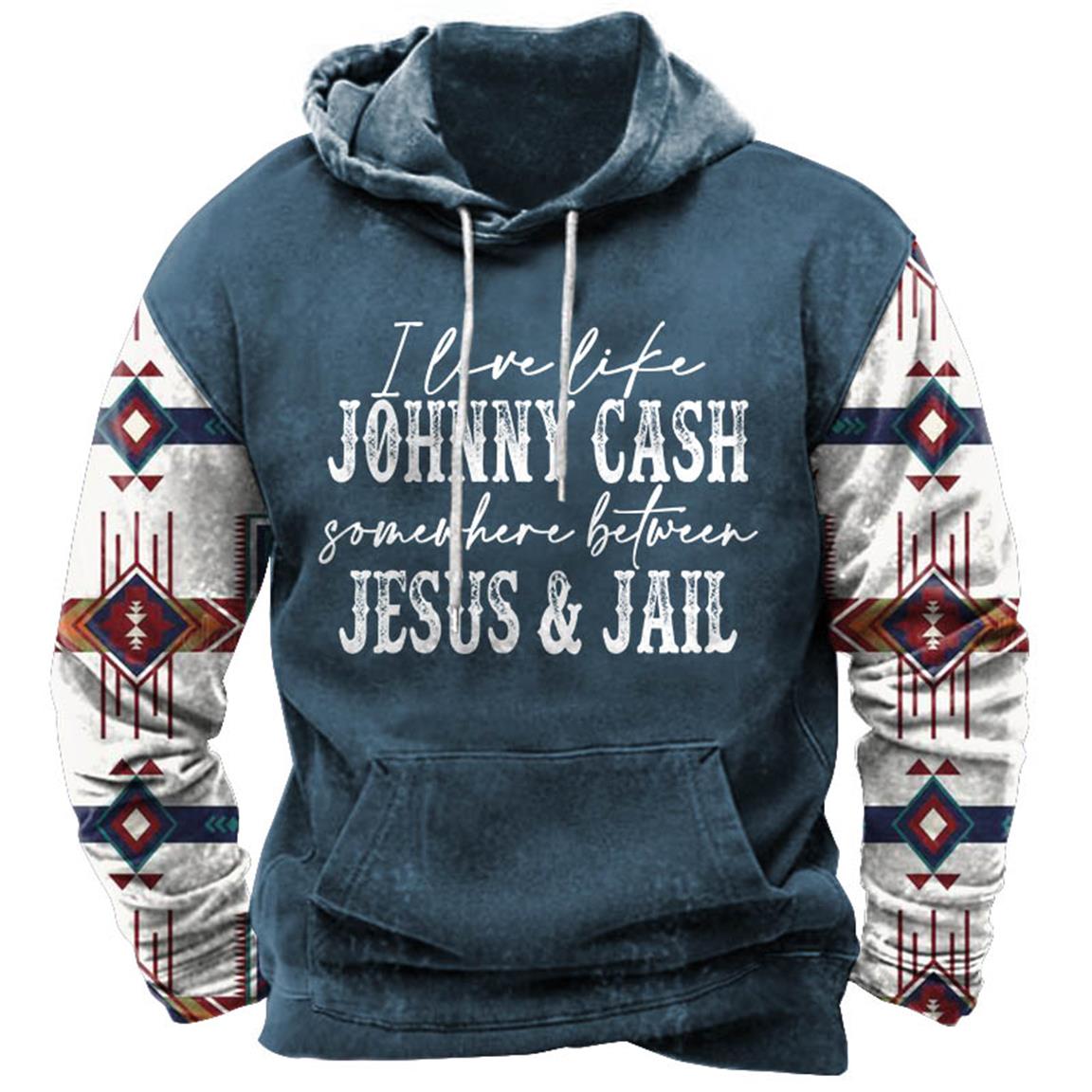 Men's Hoodie Vintage Ethnic Aztec Johnny Cash Jesus Jail Pocket Long Sleeve Plus Size Daily Tops