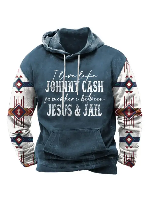 Men's Hoodie Vintage Ethnic Aztec Johnny Cash Jesus Jail Pocket Long Sleeve Plus Size Daily Tops - Ootdmw.com 
