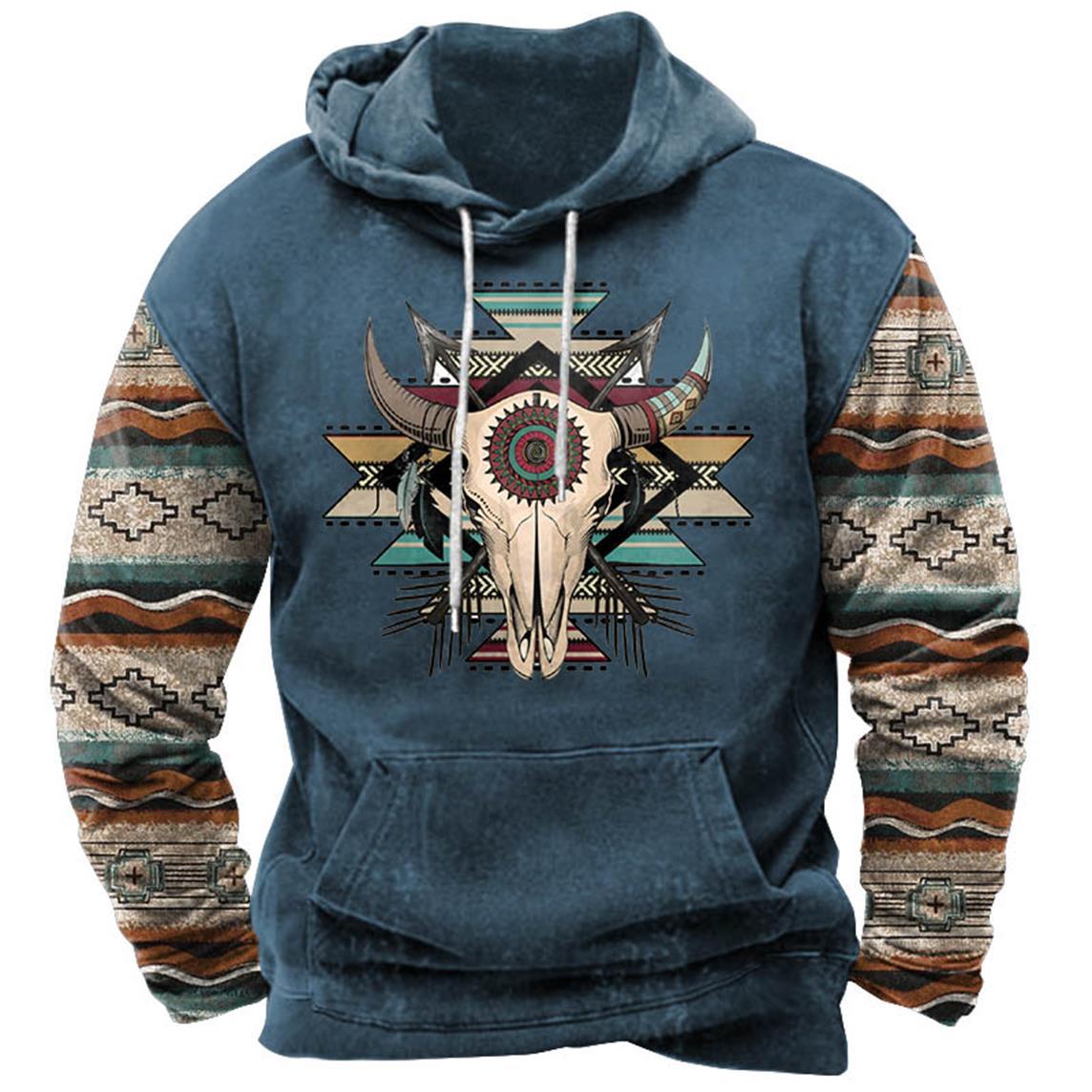 Men's Hoodie Vintage Aztec Western Bull Skull Pocket Long Sleeve Plus Size Daily Tops