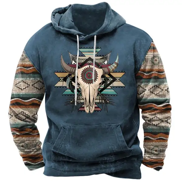 Men's Hoodie Vintage Aztec Western Bull Skull Pocket Long Sleeve Plus Size Daily Tops - Kalesafe.com 