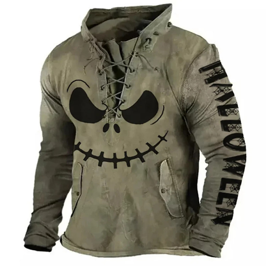 

T-shirt Da Uomo A Maniche Lunghe Con Colletto Con Lacci E Stampa Di Un Volto Di Scheletro Di Halloween