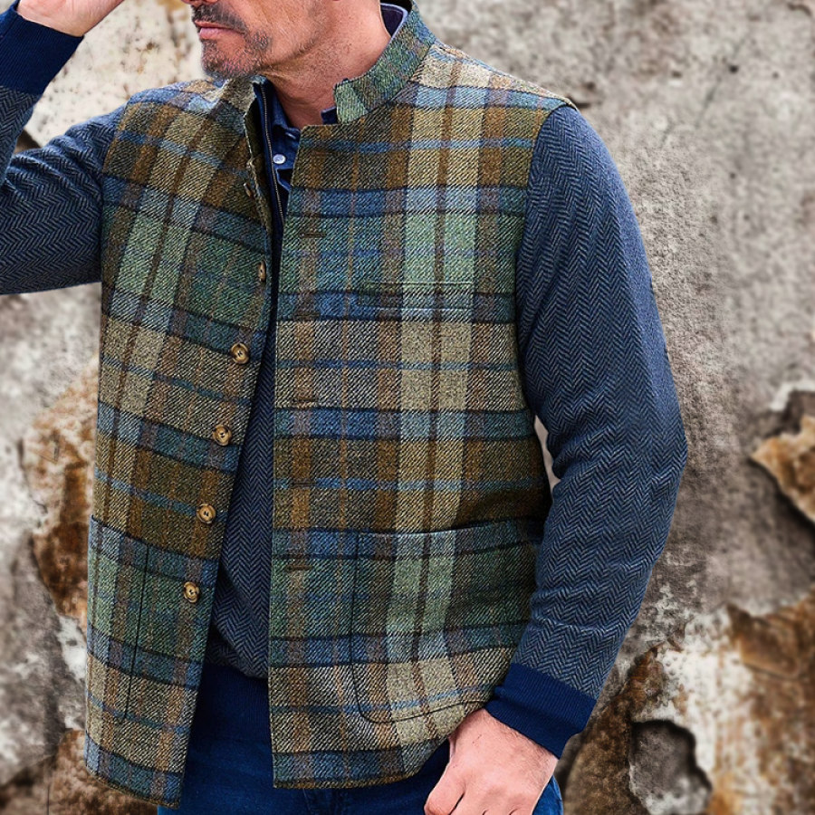 

Men's Herringbone Waistcoat Blazer Vest Single Breasted Plaid Woolen Fabric Vest Jackt