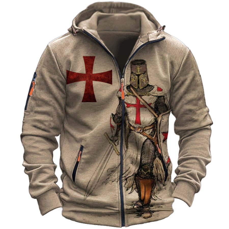 

Jaqueta Masculina Com Capuz E Zíper Vintage Templário Com Estampa Cruzada E Bolso Com Zíper