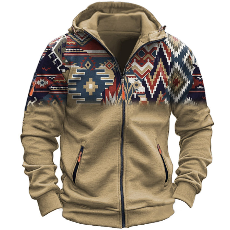

Men's Zipper Hooded Jacket Vintage Ethnic Print Zipper Pocket Khaki