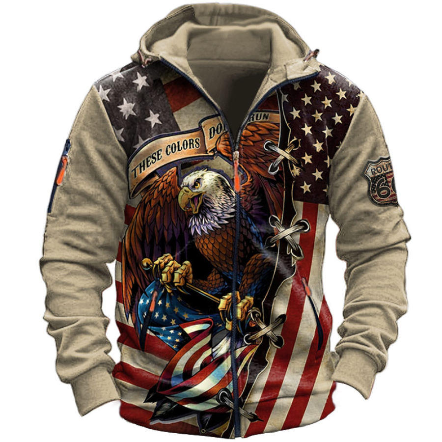 

Men's Zip Hooded Jacket Vintage American Eagle Route 66 Print Zip Pocket Khaki