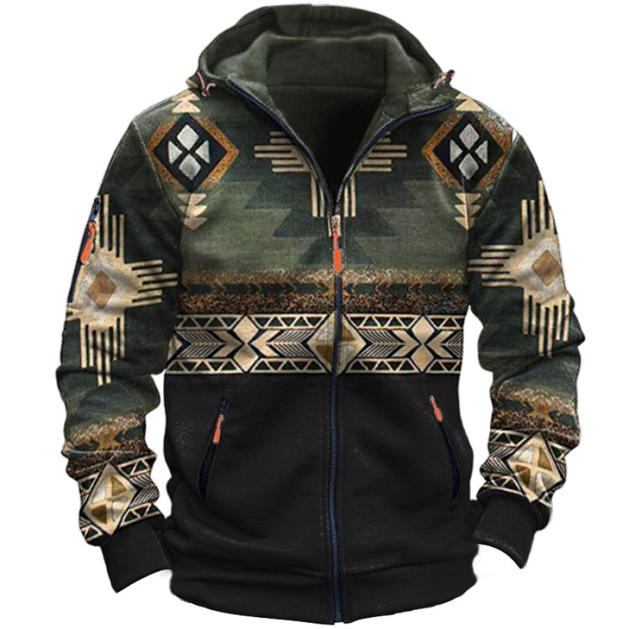 

Men's Zipper Hooded Jacket Vintage Ethnic Print Zipper Pocket
