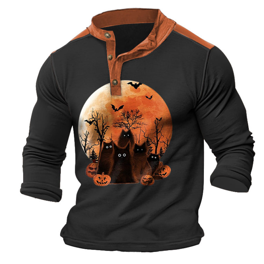 

T-shirt Da Uomo Henley Cat Halloween Colorblock Manica Lunga Top Quotidiana Nera