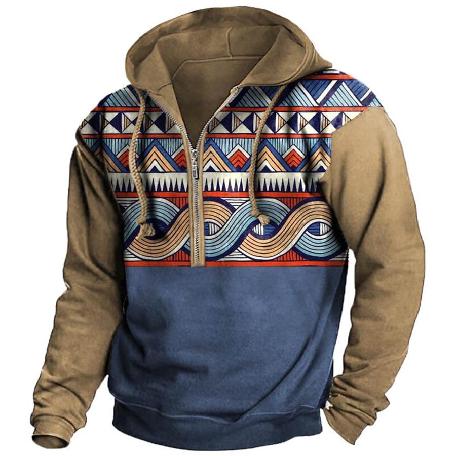 

Men's Hoodie Vintage Ethnic Aztec Print Zipper Outdoor Long Sleeve Daily Tops Blue