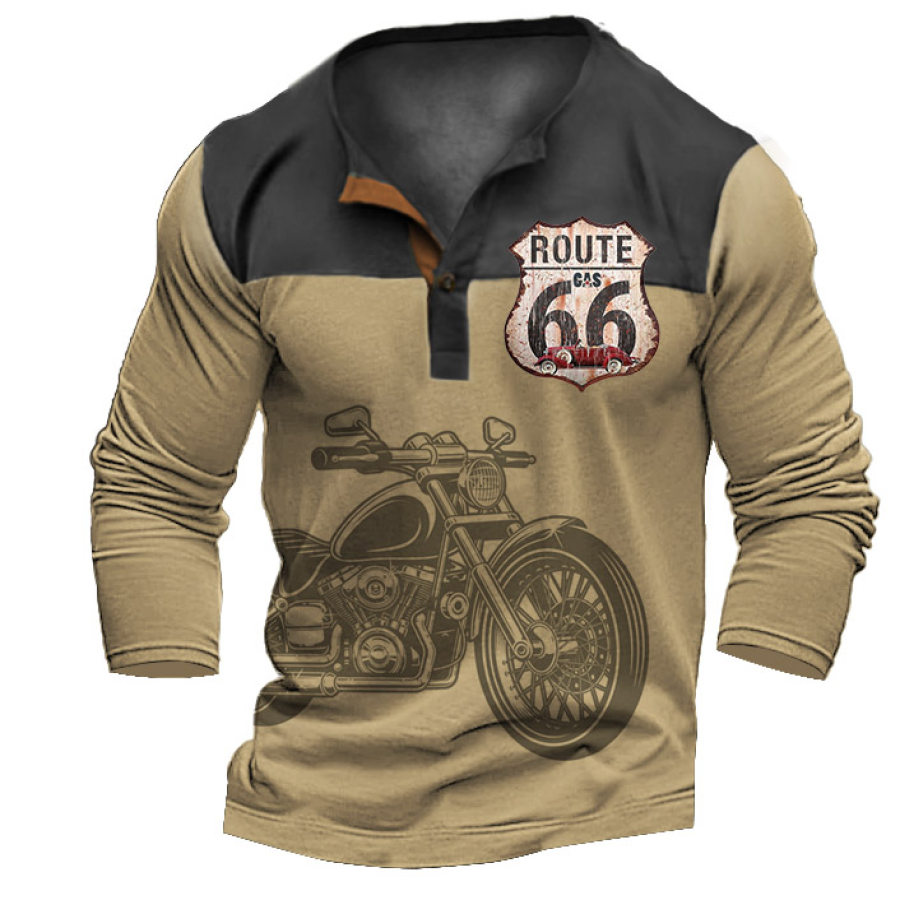 

Мужская футболка Henley Vintage Route 66 Мотоциклетные цветные блоки с длинным рукавом На открытом воздухе Повседневные топы цвета хаки
