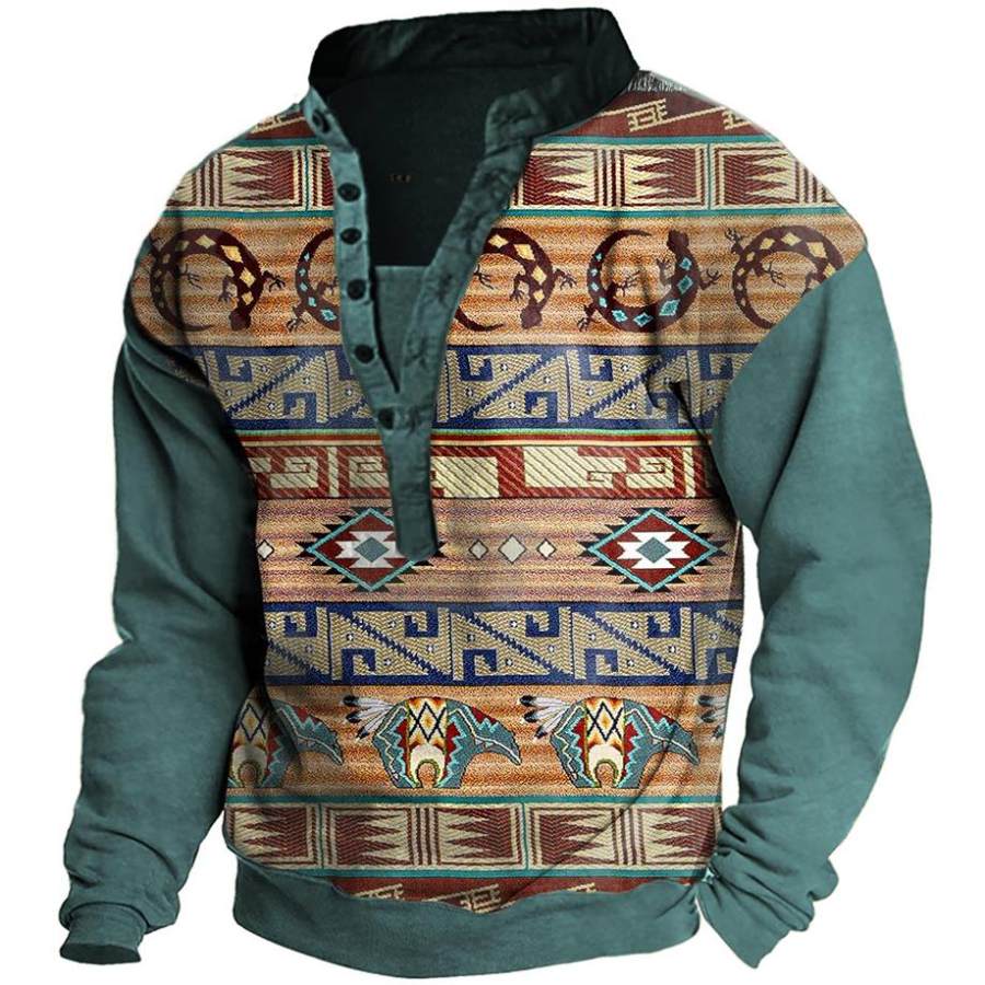 

Sudadera Para Hombre Western Aztec Henley Vintage Al Aire Libre Manga Larga Tops Diarios Verde Azulado