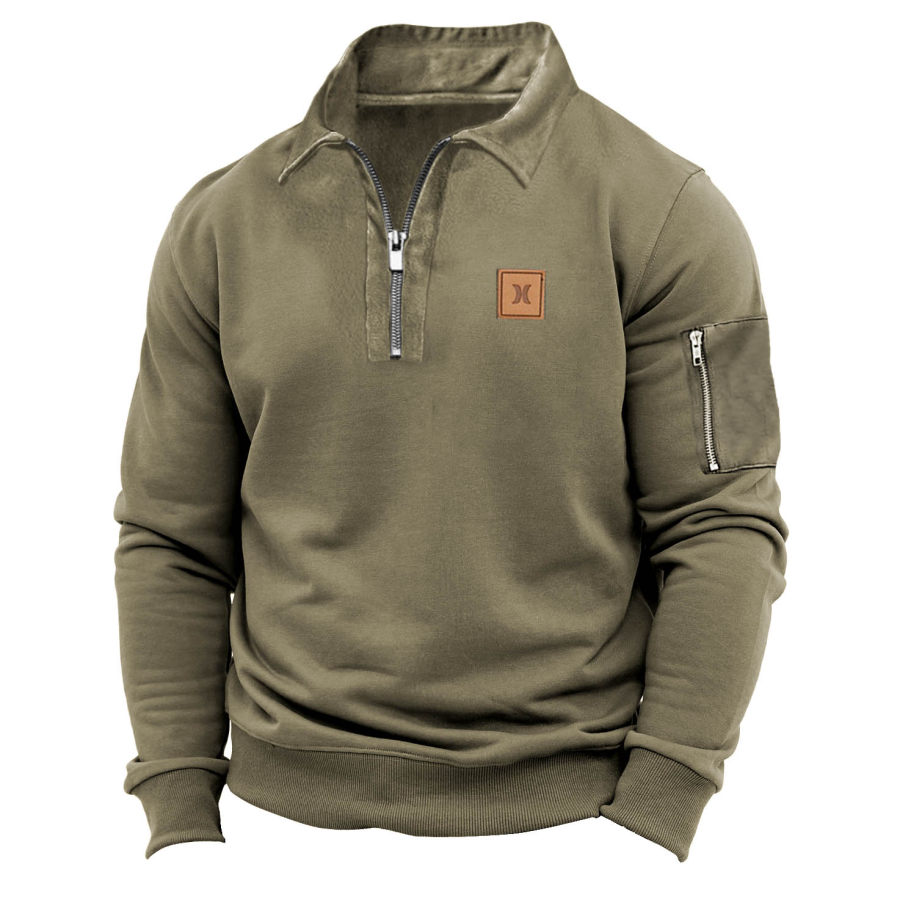 

Men's Sweatshirt Quarter Zip Lapel Pocket Vintage Tactical Daily Tops Army Green
