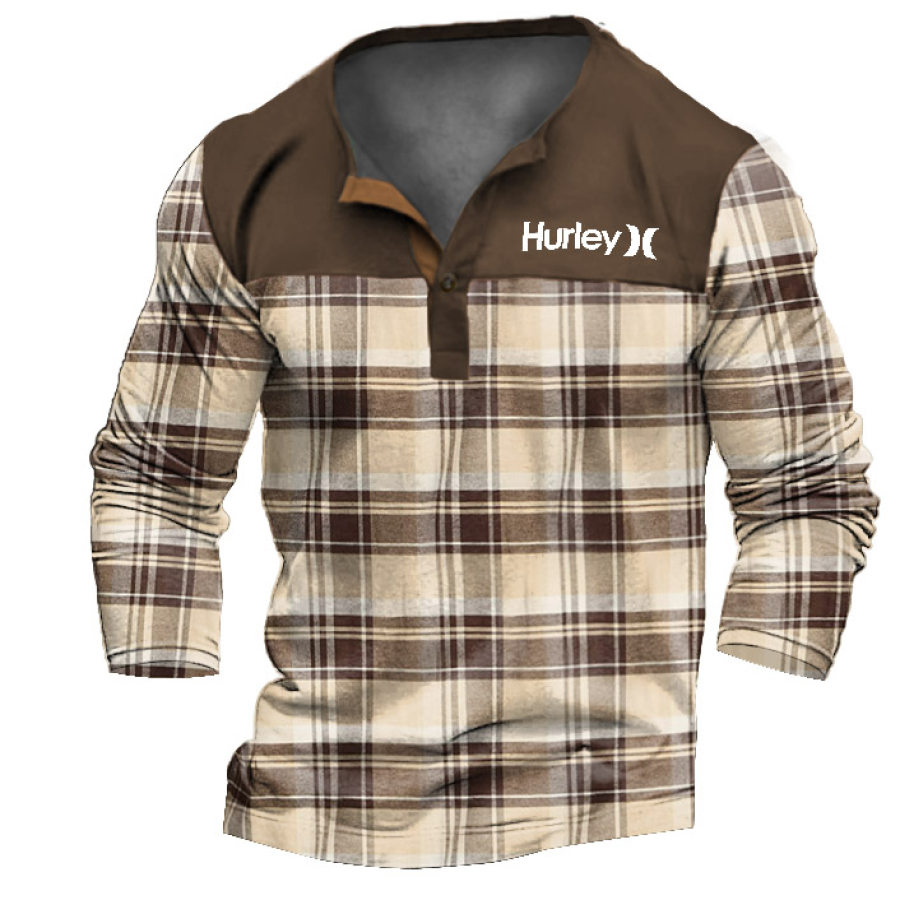 

T-shirt Da Uomo Henley Vintage Plaid Colorblock Manica Lunga Outdoor Daily Top Marrone