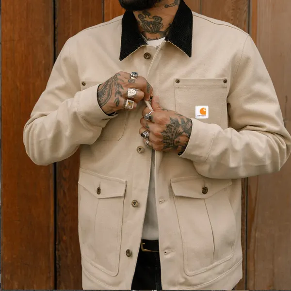 Men's Outpost Canvas Jacket Outdoor Retro Multi Pocket Contrast Lapel Collar Work Jacket Apricot - Cotosen.com
