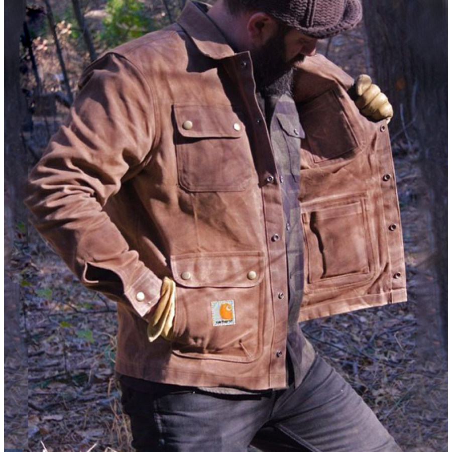 

Men's Vintage Pink Jacket Washed Distressed Print Outdoor Multi-Pocket Workwear Jacket