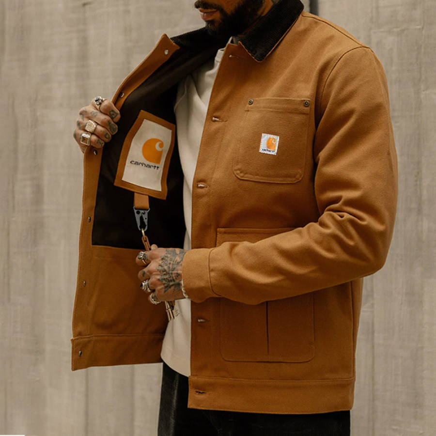 

Мужская парусиновая куртка Outpost уличная рабочая куртка в стиле ретро с несколькими карманами и контрастным воротником с лацканами коричневая