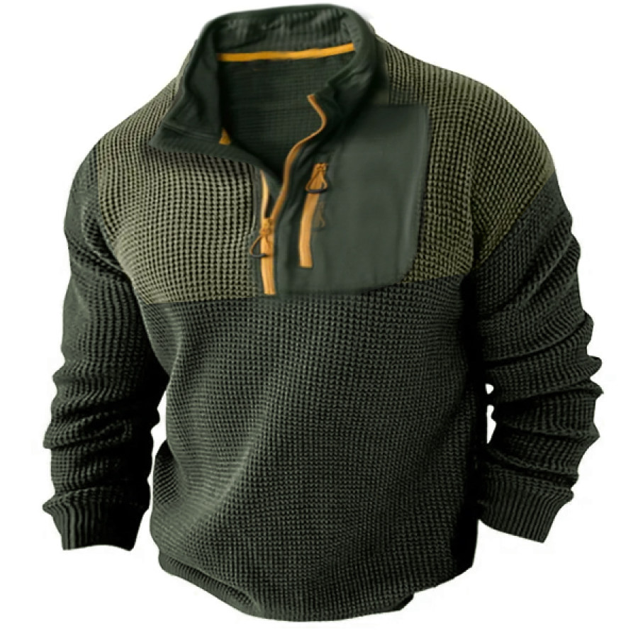 

Herren-T-Shirt Mit Reißverschluss Halboffenem Stehkragen Waffelmuster Für Den Außenbereich Kontrastierende Farbe Reißverschlusstasche Taktisches Oberteil