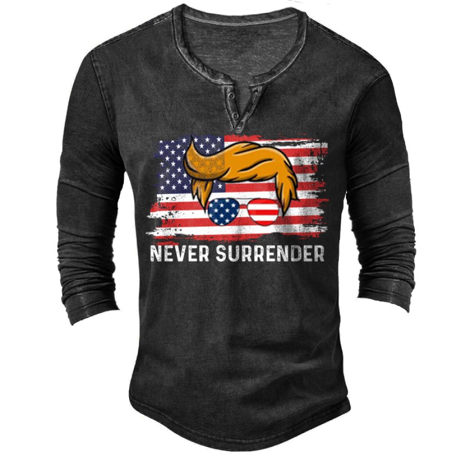 

Camiseta Masculina Never Surrender Com Estampa Confortável De Mangas Compridas E Decote Em V