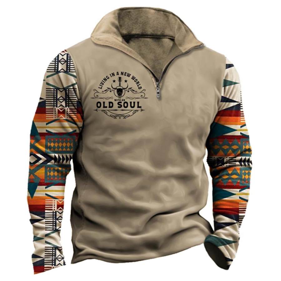 

Herren-Sweatshirt Mit Viertelreißverschluss Ethnisches Aztekenmuster Old Soul Vintage Tägliches Oberteil Khaki