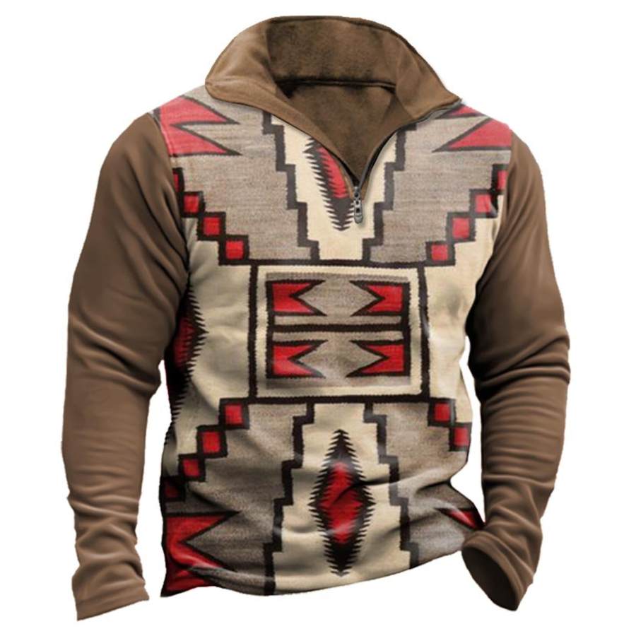 

Men's Sweatshirt Ethnic Aztec Quarter Zip Vintage Daily Tops Brown