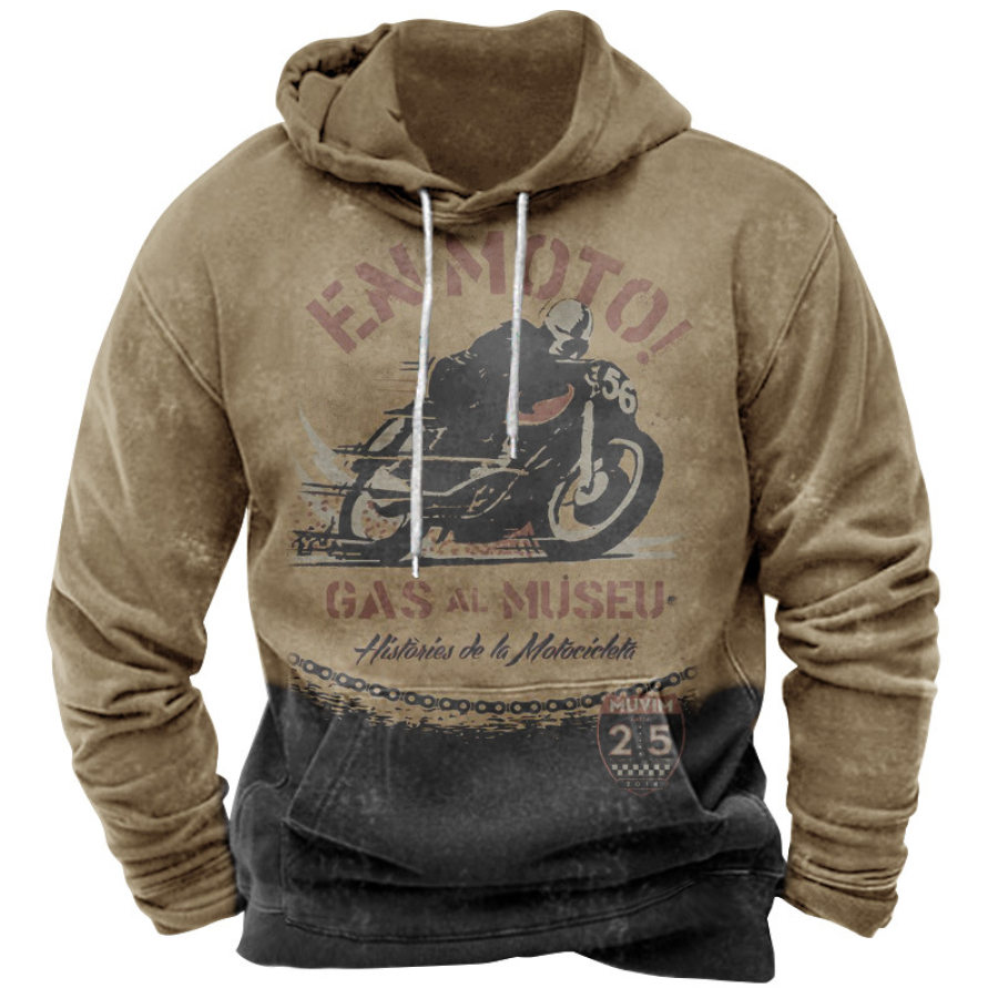 

Moletom Masculino Com Capuz Vintage Com Estampa De Motocicleta E Bolso Colorblock