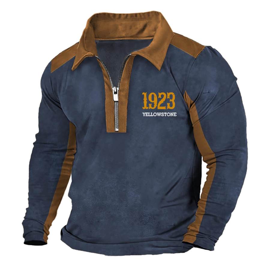 

Camiseta Masculina Quarter Zip 1923 Yellowstone Vintage Colorblock Manga Longa Tops Diários Azul Marinho