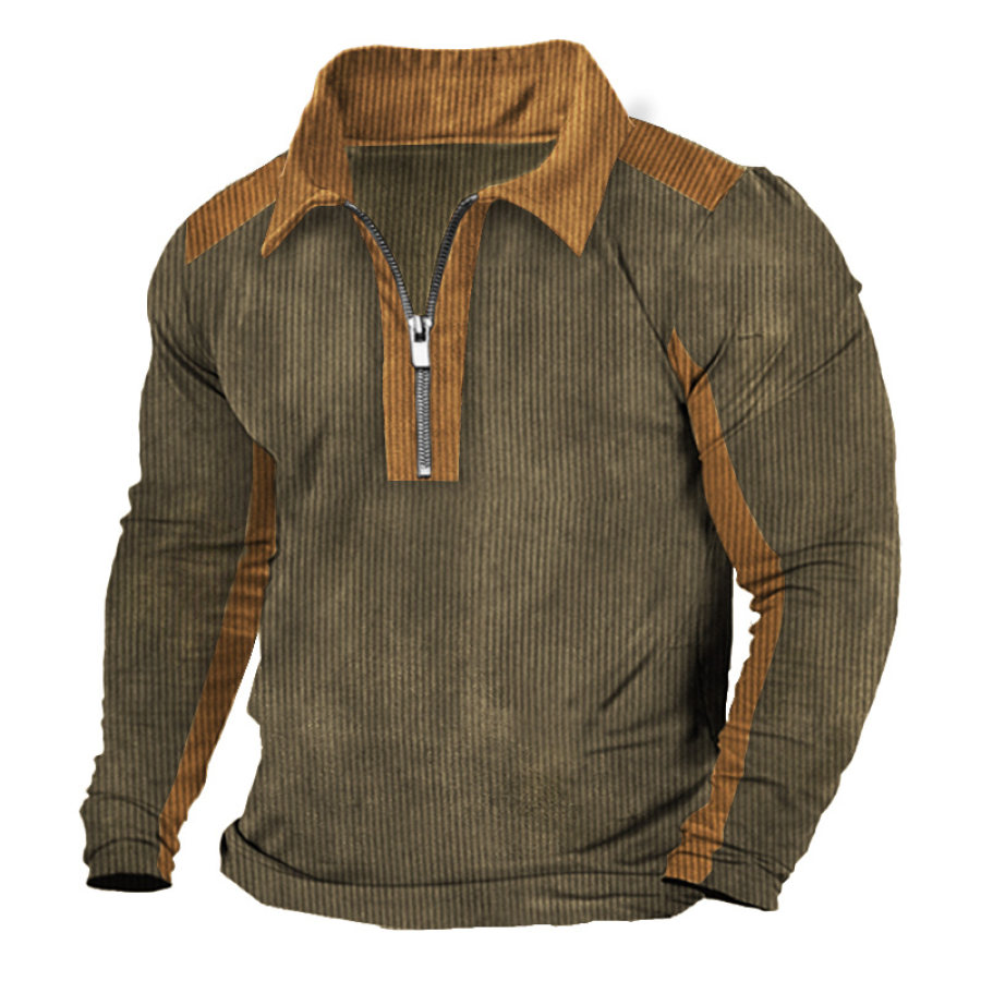 

T-shirt Da Uomo Con Zip A Un Quarto Vintage A Contrasto Manica Lunga Top Quotidiano Verde Oliva