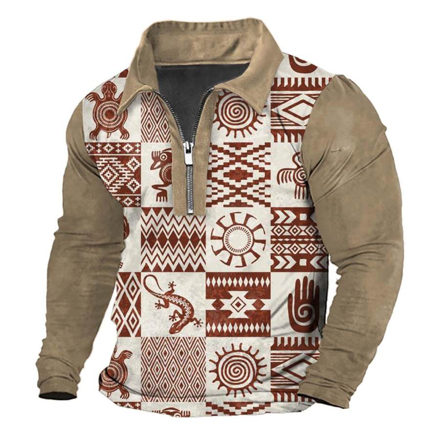 

Men's T-Shirt Quarter Zip Ethnic Aztec Animal Vintage Colorblock Long Sleeve Daily Tops Khaki