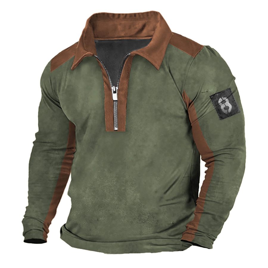 

Camiseta Masculina Quarter Zip Tático Vintage Colorblock Manga Longa Tops Diários Exército Verde