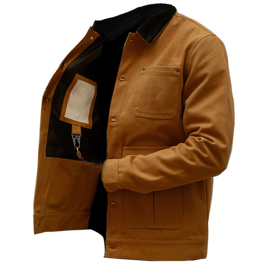 

Chaqueta De Lona Con Solapa De Pana Para Hombre Chaqueta De Trabajo Con Cuello De Solapa En Contraste Retro Con Múltiples Bolsillos Para Exteriores Marrón