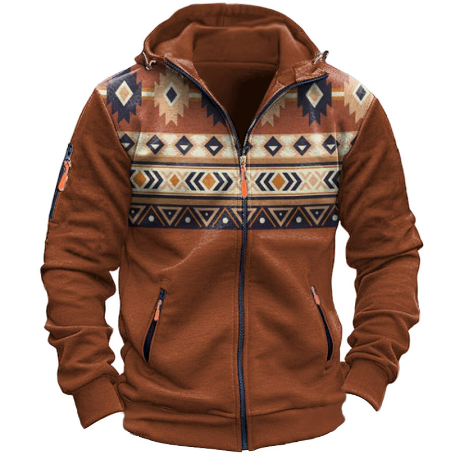 

Veste à Capuche Zippée Pour Homme Avec Poche Zippée Vintage Motif Ethnique Veste Aztèque Marron