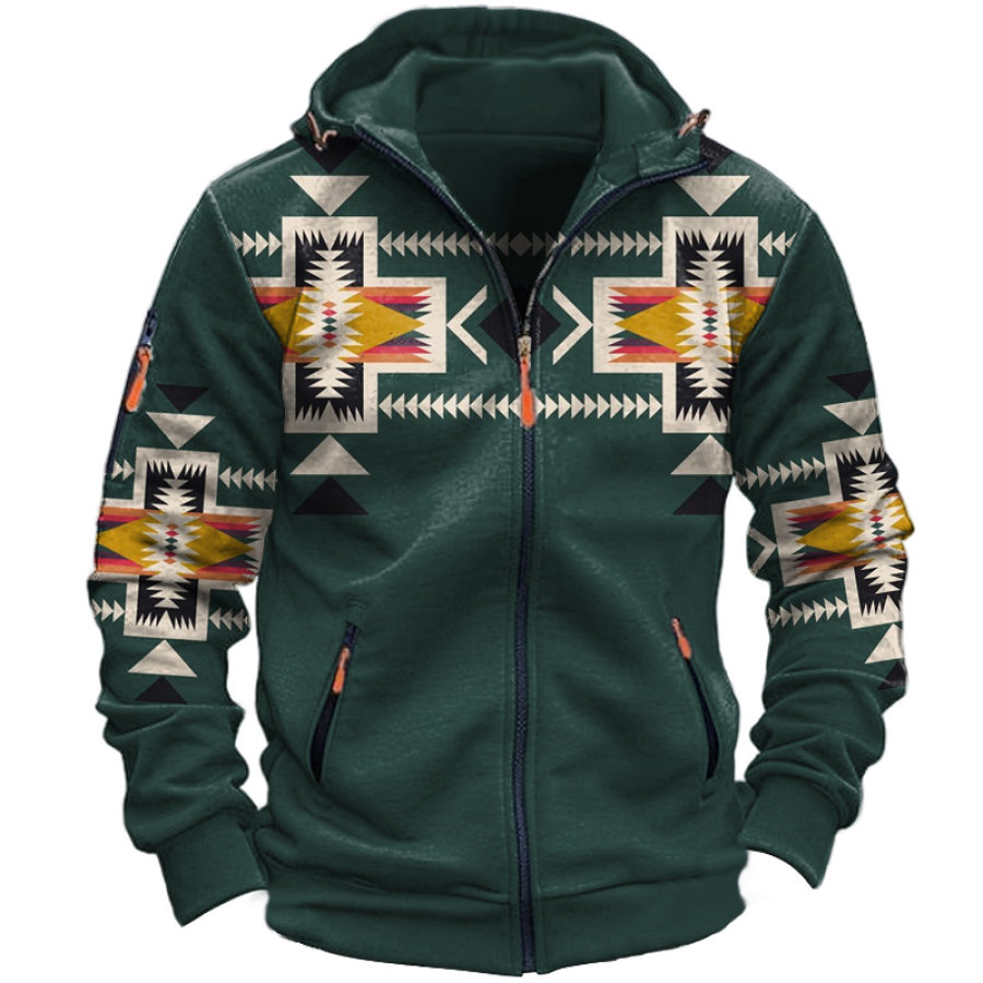 

Chaqueta Con Capucha Y Cremallera Para Hombre Chaqueta Vintage Con Estampado étnico Y Bolsillo Con Cremallera Chaqueta Azteca Verde Militar