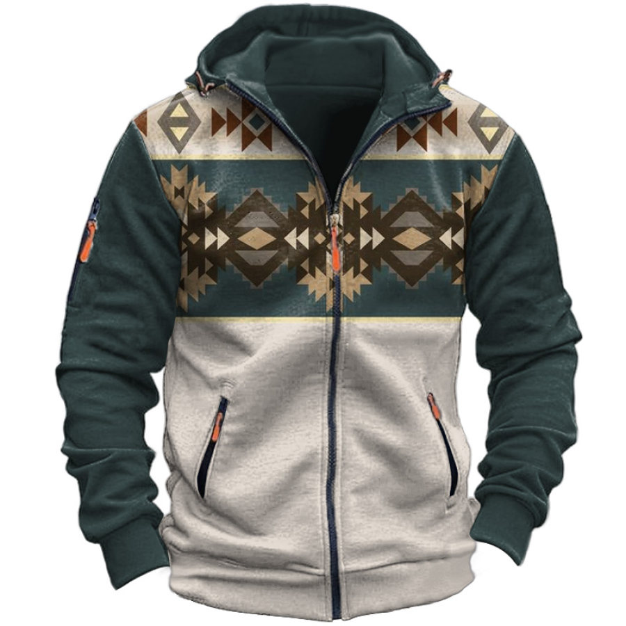 

Chaqueta Con Capucha Y Cremallera Para Hombre Chaqueta Vintage Con Estampado étnico Y Bolsillo Con Cremallera Chaqueta Azteca Bloque De Color Militar Verde