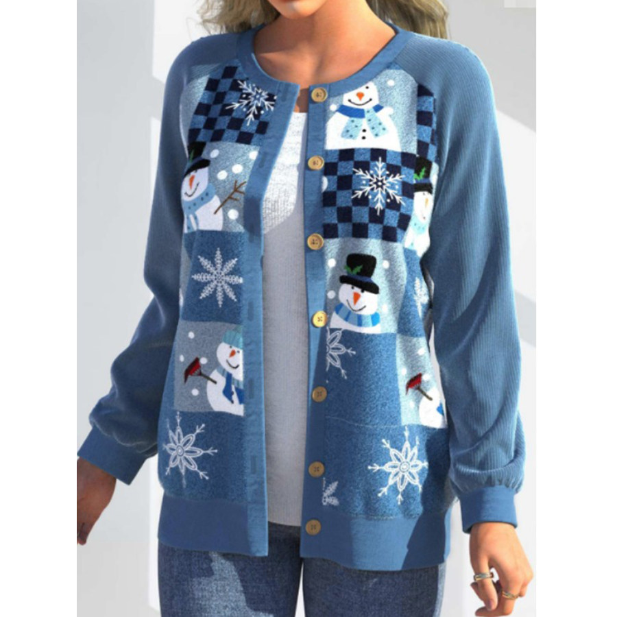 

Women's Autumn And Winter 3D Snowman Print Color Matching Long-sleeved Knitted Cardigan