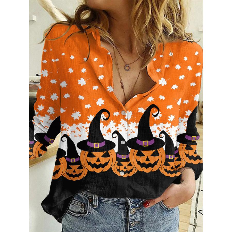 

Camisa Feminina De Manga Comprida Casual Com Estampa De Abóbora De Halloween Com Folhas De Outono