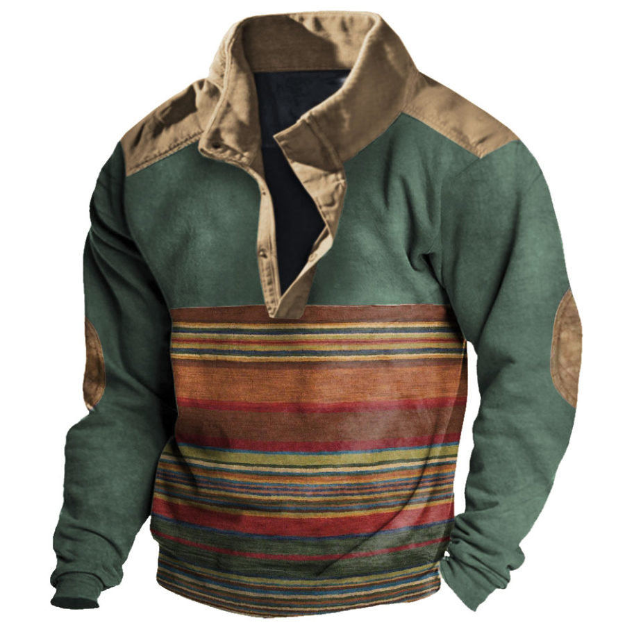 

Felpa Da Uomo Con Colletto Rialzato Righe Etniche Vintage Colore A Contrasto Top Quotidiano Verde