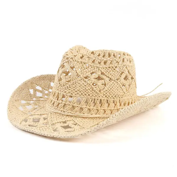 Western Cowboy Hat Sun Protection Visor Hat Retro Hollow Straw Hat - Fineyoyo.com 