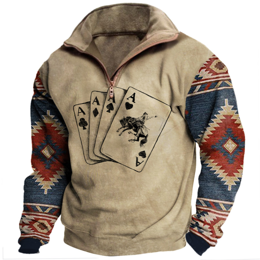 

Men's Vintage Ethnic Cowboy Playing Cards Western Print Lapel Sweatshirt
