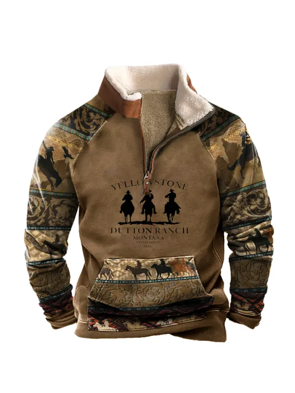 Men's Vintage Western Yellowstone Zipper Stand Collar Sweatshirt - Ootdmw.com 