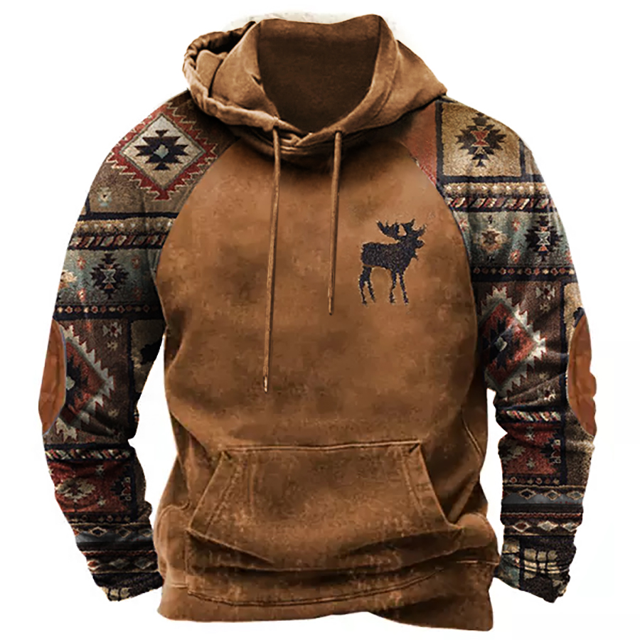 Men's Outdoor Ethnic Print Color Block Hoodie