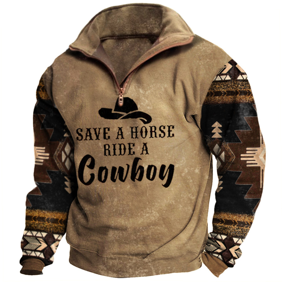 

Men's Western Save A Horse Ride A Cowboy Print Lapel Sweatshirt
