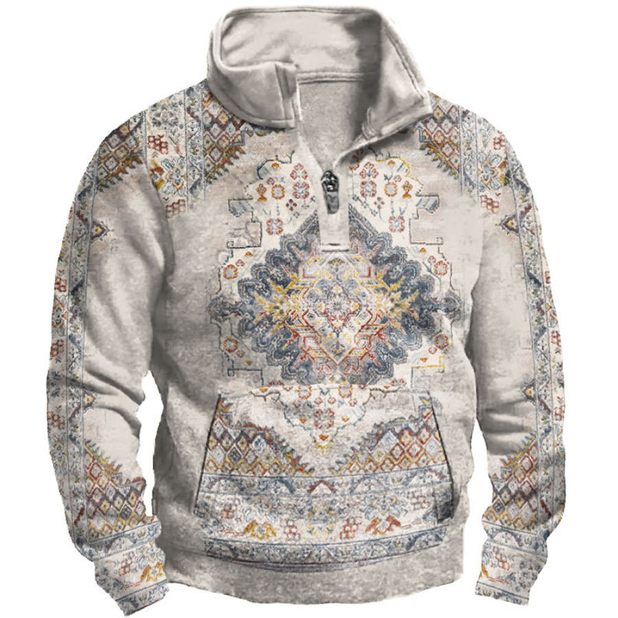 

Herren-Sweatshirt Mit 1/4-Reißverschluss Retro-Ethno-Print Tasche Lässig