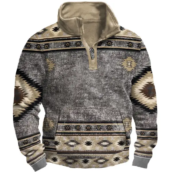 Men's 1/4 Zip Sweatshirt Vintage Stripe Ethnic Print Pocket - Kalesafe.com 