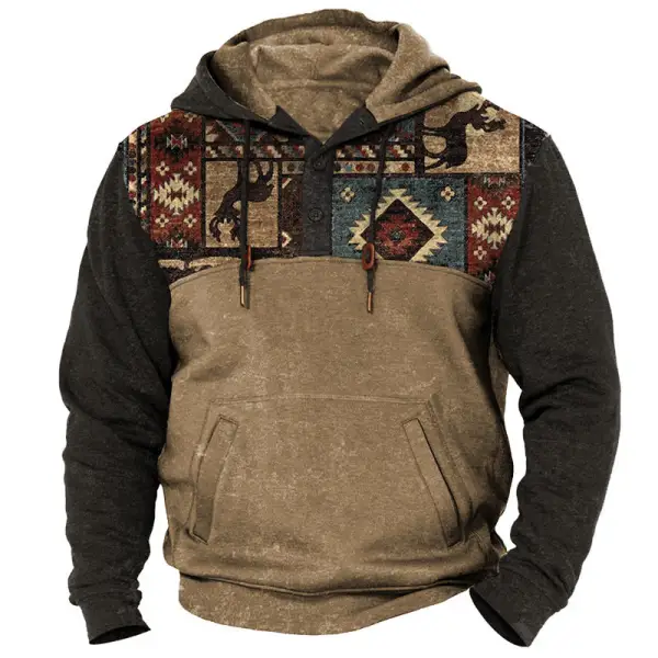 Men's Hoodie Vintage Western Ethnic Print Pocket - Kalesafe.com 