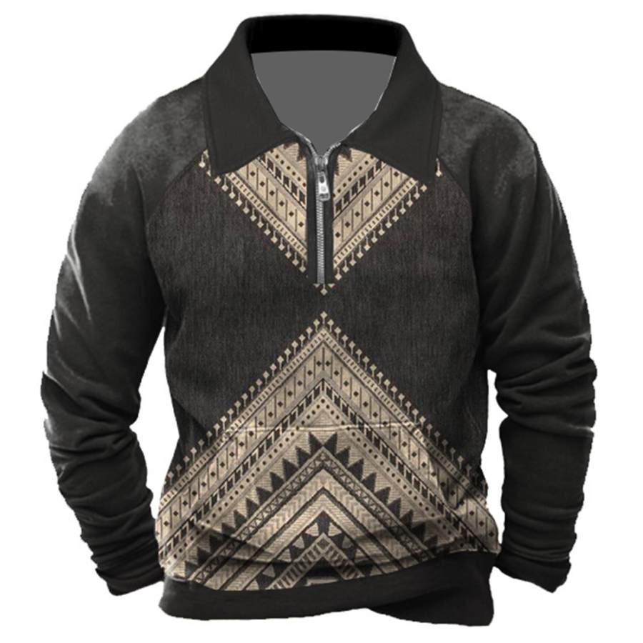 

Men's Sweatshirt Quarter Zip Ethnic Aztec Vintage Colorblock Daily Tops Black