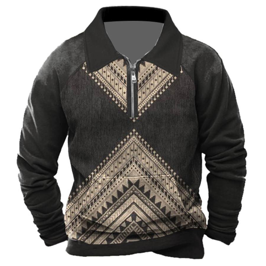 

Herren-Sweatshirt Mit Viertelreißverschluss Ethnisches Aztekenmuster Vintage-Farbblock Alltagsoberteile Schwarz