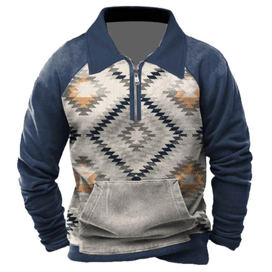 

Moletom Masculino Quarter Zip Étnico Aztec Vintage Colorblock Daily Tops Azul Marinho