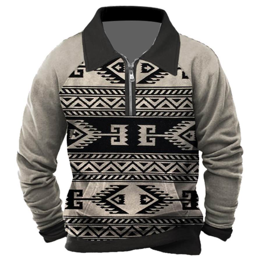 

Herren-Sweatshirt Mit Viertelreißverschluss Ethnisches Aztekenmuster Vintage-Farbblock Alltagsoberteile Hellgrau