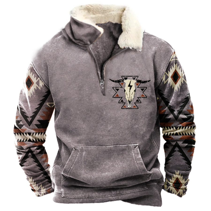 

Men's Vintage Half Zip Fleece Stand Collar Sweatshirt Cowboy Ethnic Pattern Top